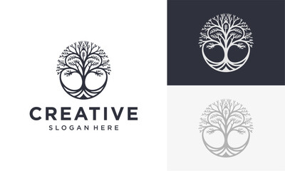 Tree of Life Family vector logo design, branches, Leaves Roots Oak Banyan Tree