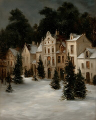 A charming winter village scene with snow-covered rooftops and twinkling Christmas trees, illuminated by warm lights