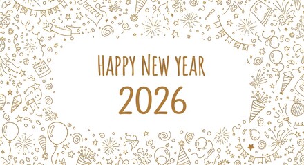 Celebrate the dawn of a new year with an artistic rendering, embracing the spirit of optimism and joy. Festive ornaments and decorations adorn the composition. new year 2026, new year background 