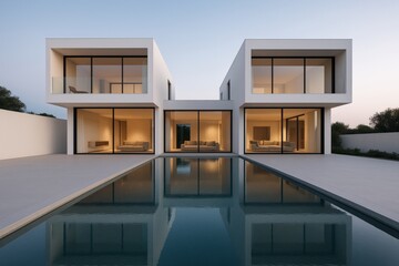 Modern minimalist villa exterior with pool and large glass windows at dusk showcasing architectural design concept and luxury living environment. Ai generative