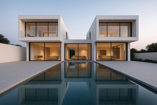 Modern minimalist villa exterior with pool and large glass windows at dusk showcasing architectural design concept and luxury living environment. Ai generative