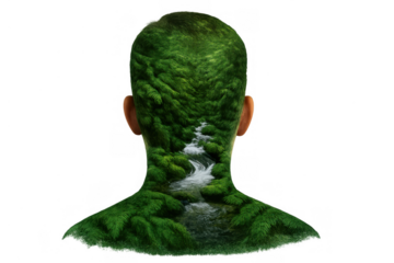 Human head with double exposure of green forest and flowing river, symbolizing ecological mind and nature connection