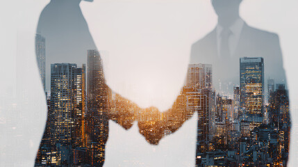 Business, finance and investment background. Business handshake, businessman shaking hand double exposure with office buildings and smart city, successful deal of global business