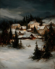 A charming winter village scene with snow-covered rooftops and twinkling Christmas trees, illuminated by warm lights