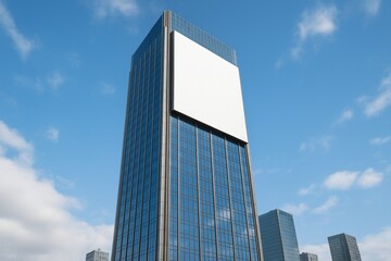 Modern office skyscraper with blank billboard on facade against blue sky, representing urban exterior design and advertisement concept. Ai generative. Ai generative