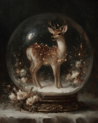 A delicate snow globe containing a young deer adorned with a floral garland, surrounded by soft white flowers and gentle snowfall.