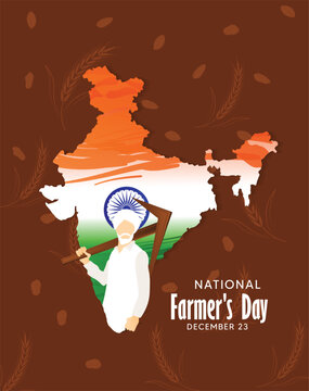 Indian farmer with plough flag map vector poster for National Farmers Day 23 December