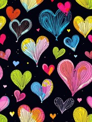 Fototapeta premium Colorful hand-drawn heart pattern with vibrant pink, blue, yellow, green, and purple hearts on a black background, creating a playful, artistic, and cheerful design perfect for love-themed illustratio