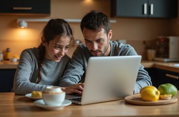 Young girl and father use laptop at breakfast in kitchen. They connect online sharing screen time. Family bonding moment with digital technology, promoting healthy habits and modern lifestyle.