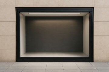 Empty modern store window display with black frame and lighting, set in beige tiled building wall, minimalist exterior design concept. Ai generative. Ai generative