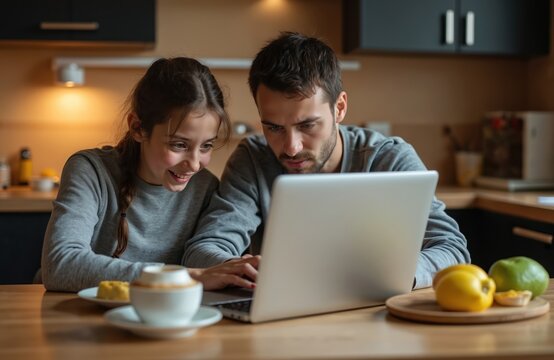 Young girl and father use laptop at breakfast in kitchen. They connect online sharing screen time. Family bonding moment with digital technology, promoting healthy habits and modern lifestyle.