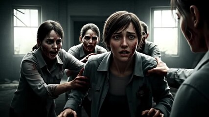 A tense scene depicting a woman surrounded by fearful zombies.