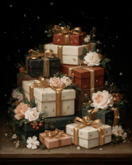 A beautifully arranged stack of gift boxes in rich colors, adorned with golden ribbons, surrounded by delicate roses and soft florals.