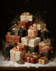 A beautifully arranged stack of gift boxes in rich colors, adorned with golden ribbons, surrounded by delicate roses and soft florals.