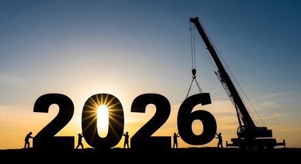 A symbolic construction scene shows individuals collaboratively building the future, represented by the year 2026. new year 2026, new year background 