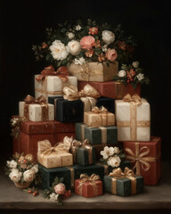 A beautifully arranged stack of gift boxes in rich colors, adorned with golden ribbons, surrounded by delicate roses and soft florals.