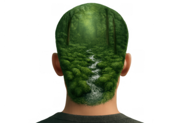 Person's head displaying a lush forest with a winding stream, symbolizing nature connection, green living, and environmental awareness. Transparent background