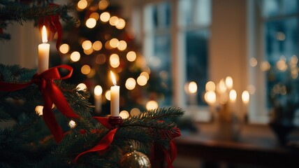 Christmas tree branch decorated with burning white candle and red ribbon in traditional festive home interior
