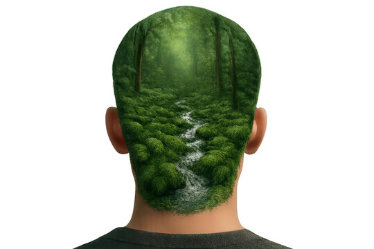Person's head displaying a lush forest with a winding stream, symbolizing nature connection, green living, and environmental awareness. Transparent background