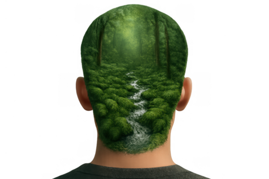 Person's head displaying a lush forest with a winding stream, symbolizing nature connection, green living, and environmental awareness. Transparent background