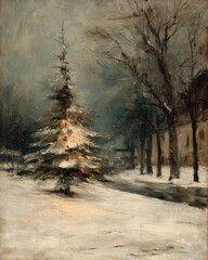 A lone Christmas tree adorned with soft lights stands in the snow, surrounded by bare trees in a quiet, wintry scene. The vintage oil painting style