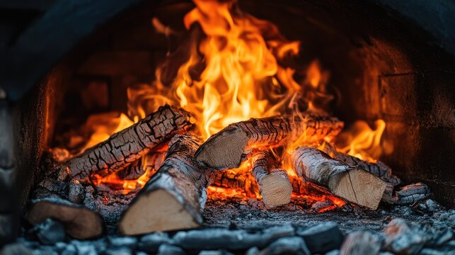 Warm and Inviting Wood Fire Burning in a Rustic Fireplace with Flickering Flames and Charred Logs Creating a Cozy Atmosphere for Winter Evenings