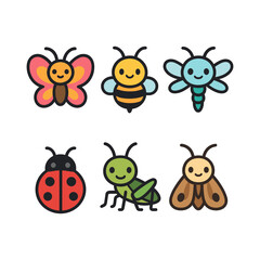 Fototapeta premium Cute Insects Collection – Butterfly, Bee, Dragonfly, Ladybug, Grasshopper and Moth
