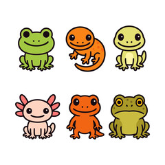 Obraz premium Cute Amphibians and Reptiles – Frog, Newt, Gecko, Axolotl, Salamander and Toad