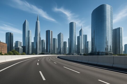Futuristic skyline cityscape with modern glass skyscrapers and wide empty highway under clear blue sky, emphasizing urban architecture concept. Ai generative