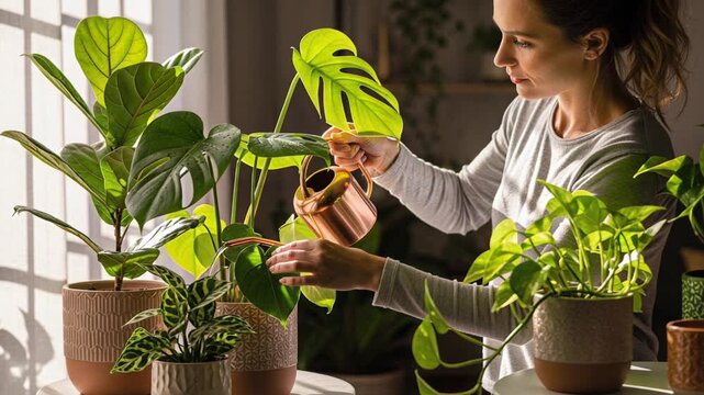 Woman carefully watering her vibrant indoor garden, creating a calming, green oasis in her home with monstera and pothos plants, promoting wellness and sustainable living