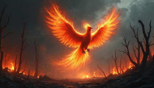 Illustration of phoenix rising from ashes. Bird of fire emerges from burnt forest. Symbol of rebirth depicted with flames and destruction. Mythical creature against dark dramatic sky.