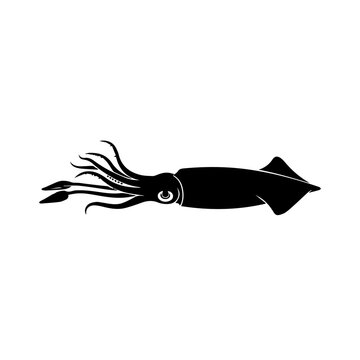 A simple black silhouette of a squid with long tentacles isolated on a white background.
