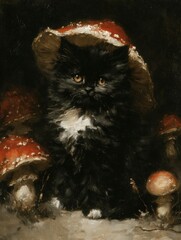 A fluffy black kitten wearing a red mushroom cap sits amidst a cluster of mushrooms, creating an enchanting and whimsical scene.