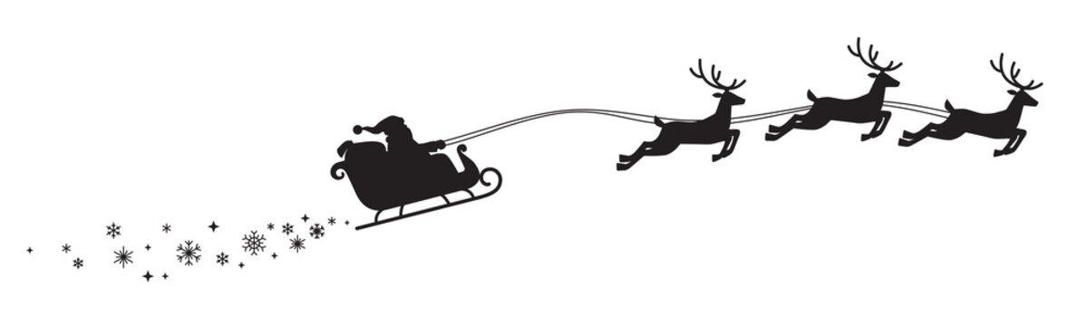 Christmas decorative illustration with Santa's sleight silhouette. Winter holidays background with Santa Clause and reindeers.