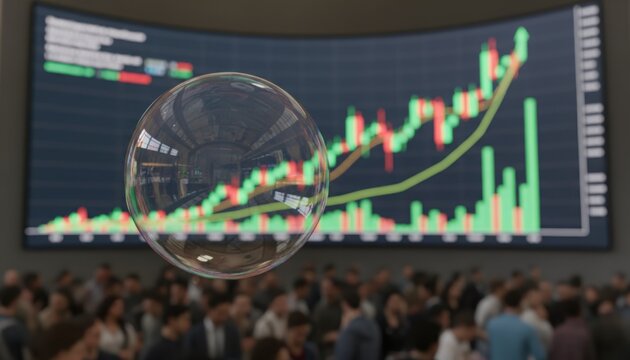 A bubble forms in front of upward bars representing sensitive growth enthusiasm. It visualizes how expectations shape reactions to evolving economic shifts