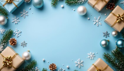 Festive holiday gift arrangement cozy home environment decorative image with snowflakes and ornaments top-down view christmas celebration concept for seasonal cheer