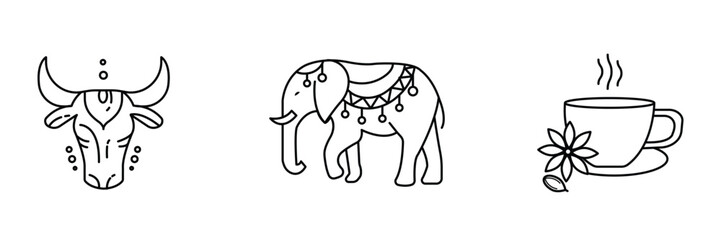 Indian tradition, festive animal, herbal tea vector line icon set for commercial use vector illustration.