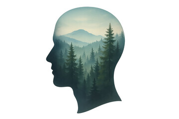 Human head silhouette with double exposure forest landscape inside, representing connection to nature and mental well-being