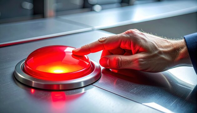 Close-up of a hand pressing a glowing red button in a metallic environment, symbolizing emergency, action, alertness, and critical moments requiring immediate human response