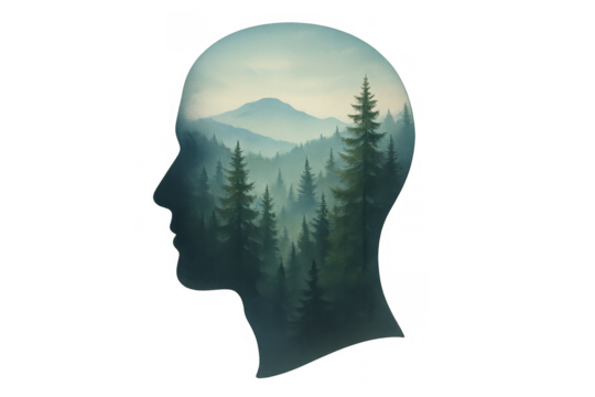 Human head silhouette with double exposure forest landscape inside, representing connection to nature and mental well-being