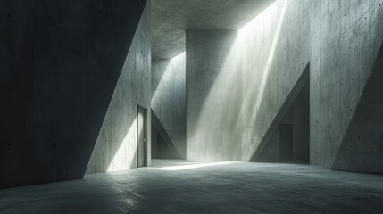 Obraz premium Minimalist Concrete Interior with Dramatic Light Rays Streaming Through Angled Walls and Open Doors in Modern Architectural Space