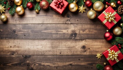 Festive holiday decorations cozy home christmas ornaments rustic wooden background aesthetic view celebratory concept for seasonal cheer and gift giving