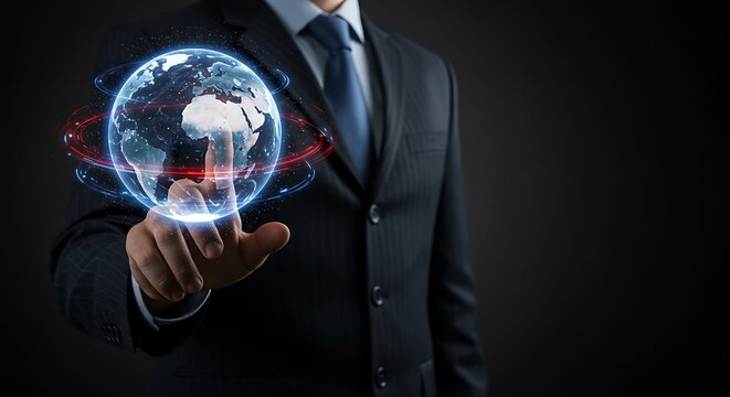 Businessman touching a glowing digital globe with data streams and network connections, representing global business and technology