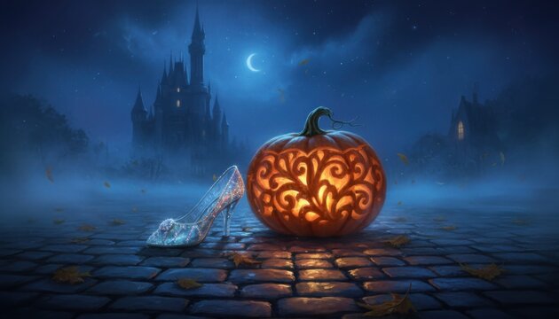 Glowing carved pumpkin and glass slipper on cobblestone street symbolizing Cinderella fairytale magic under moonlit misty castle background