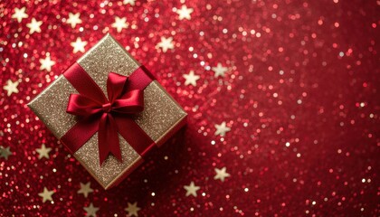Festive gift box surrounded by shimmering stars holiday celebration red sparkling background captivating visuals for seasonal cheer