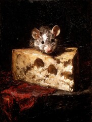 A cute rat peeks out from a block of cheese, surrounded by pieces of cheese, in a cozy and rustic kitchen setting. This vintage oil painting captures the playful and charming moment with rich, dark to