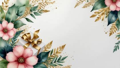 Elegant floral arrangement with gift box home decor digital art soft colors top-down view celebratory theme for special occasions