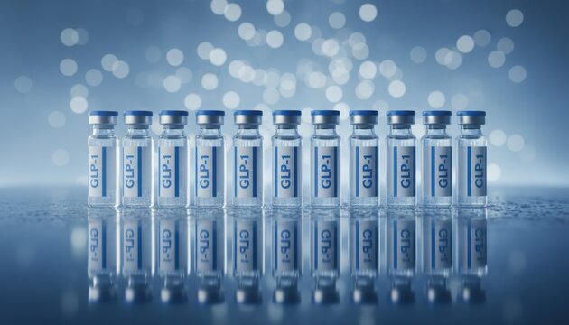 A lineup of GLP‑1 medicine vials representing new trends in metabolic health and weight loss therapy. The scene reflects global interest in modern endocrinology and medical breakthroughs