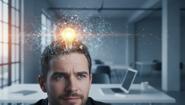 Innovative thinking and creative problem‑solving represented by a glowing idea bulb above a professional, symbolizing current trends in workplace innovation and intelligence