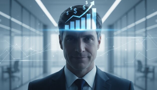 Business professional visualizing rising financial growth with futuristic analytics above his head. Concept highlights innovation, digital strategy and economic progress - Powered by Adobe